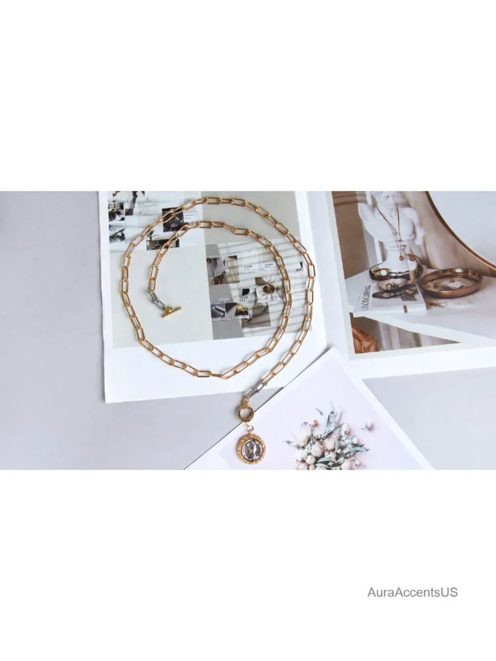 Chunky Gold Coin Necklace Women 14K Plated Reversible Toggle Link Chain